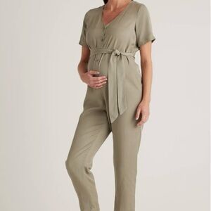 NWT Quince WOMEN'S VINTAGE WASH TENCEL BUTTON FRONT MATERNITY JUMPSUIT IN OLIVE